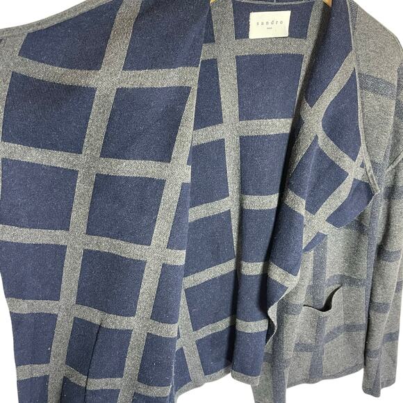 SANDRO Paris Women’s Gray and Blue Plaid Open Front Cardigan - Picture 3 of 4